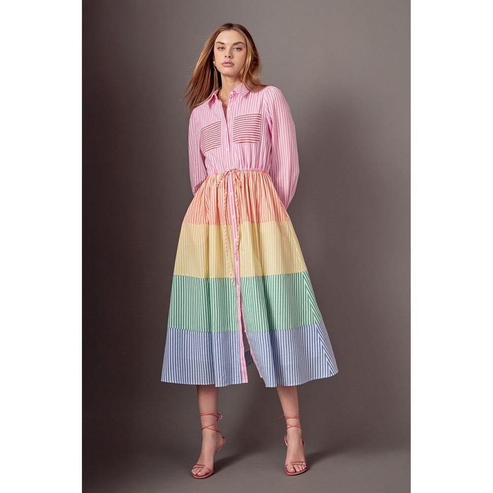 English Factory Pink and Multicolor Striped Midi Dress